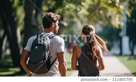 Two individuals partake in outdoor fitness through rucking, briskly walking on a sunny path, each wearing a backpack, basked in a warm glow Two individuals partake in outdoor fitness through rucking, briskly walking on a sunny path, each wearing a backpack, basked in a warm glow 111865795