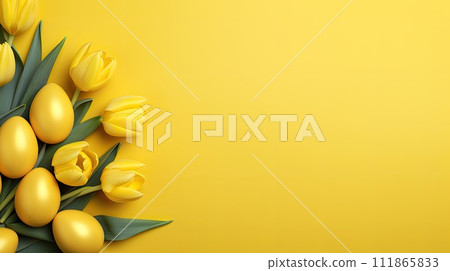 AI-generated content. Yellow tulips and yellow eggs isolated on the yellow background, easter celebration concept 111865833