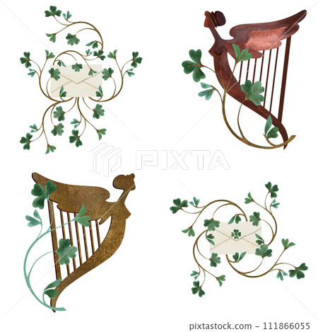 Set of illustrations for St. Patrick's Day. Compositions for postcards and Irish holiday decorations. Isolated watercolor illustration on white background. 111866055