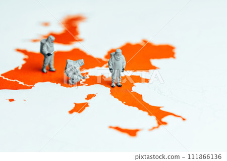 Map of Covid-19 most infected countries and group of scientist in Hazmat Suites Map of Covid-19 most infected countries and group of scientist in Hazmat Suites 111866136