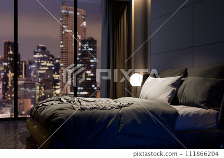 Modern style luxury black master bedroom with blurry city view in the night background 3d render 111866204