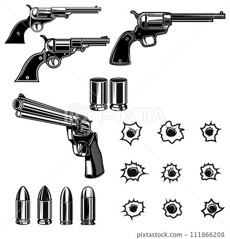 Revolvers, bullets, bullet holes. Design element for poster, card, banner, sign. Vector illustration Revolvers, bullets, bullet holes. Design element for poster, card, banner, sign. Vector illustration 111866208