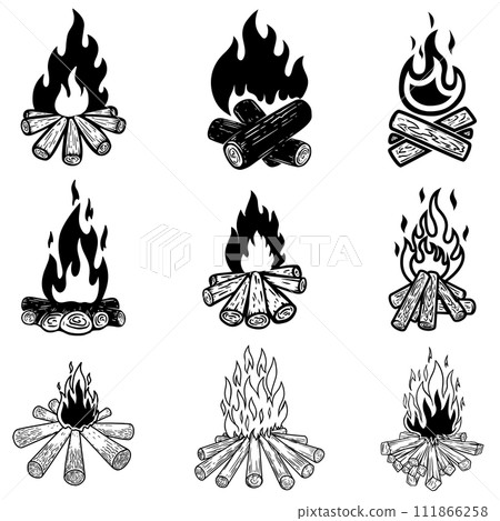 Set of illustrations of campfire. Design element for logo, label, sign, poster. Vector illustration Set of illustrations of campfire. Design element for logo, label, sign, poster. Vector illustration 111866258