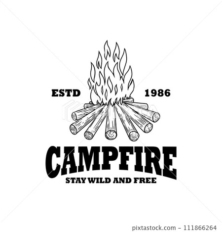 Emblem template with campfire. Design element for greeting card, t shirt, poster. Vector illustration 111866264