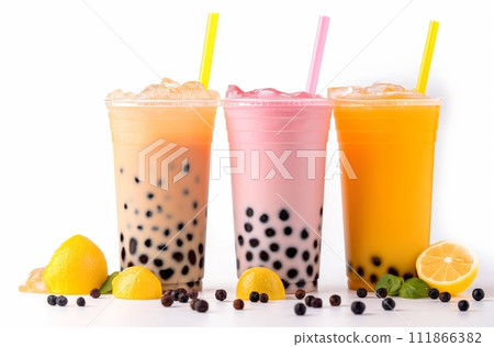 AI-generated content. Three colorful bubble tea drinks in transparent cups with matching straws, filled with ice and tapioca, accompanied by fresh lemons and juniper berries 111866382