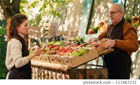 Team of vendors putting price tags and boxes of veggies on local farming stand, selling organic fresh eco produce. Man and woman business owners working at street food festival. Handheld shot. Team of vendors putting price tags and boxes of veggies on local farming stand, selling organic fresh eco produce. Man and woman business owners working at street food festival. Handheld shot. 111867131