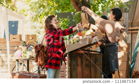 Small business owner giving bag with organic veggies to female client, selling homegrown natural produce at local food market stand. Vendor and consumer talking about eco products. Tripod shot. Small business owner giving bag with organic veggies to female client, selling homegrown natural produce at local food market stand. Vendor and consumer talking about eco products. Tripod shot. 111867134