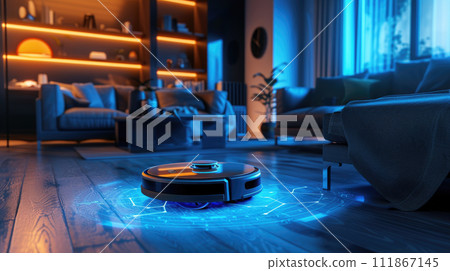 Vacuum cleaner robot works at home, blue light of digital route map and wood floor scanning. Smart automated hoover in house interior. Concept of technology, clean, wireless system 111867145