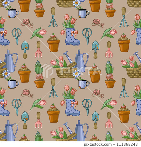 Seamless pattern on the theme of gardening with flowers and gardening tools. 111868248