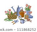 Composition of flowers in pots, in a basket, with a rubber boot, mug, pruning shears isolated on a white background. 111868252