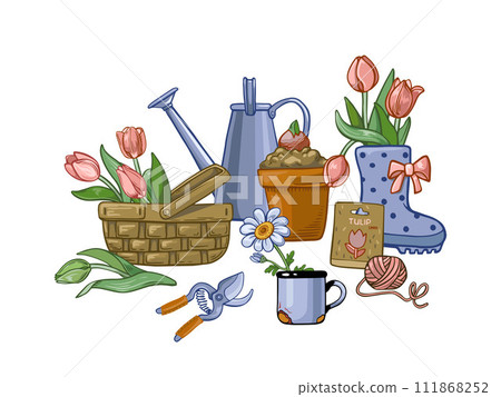 Composition of flowers in pots, in a basket, with a rubber boot, mug, pruning shears isolated on a white background. 111868252