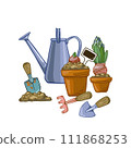 Composition of plants in pots, watering cans and garden tools isolated on a white background. 111868253