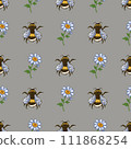 Seamless square pattern with bees and daisies. 111868254