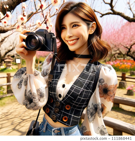 I drew a young lovely woman taking pictures of plum blossoms with a digital camera. 111868441