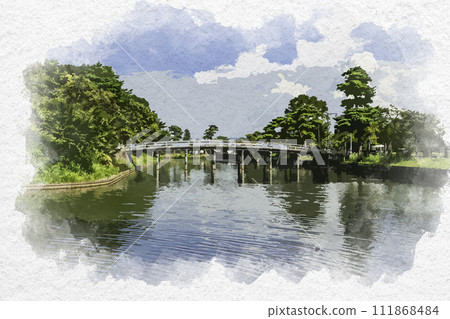 Watercolor style Joetsu Takada Takada Castle Gokuraku Bridge Joetsu City, Niigata Prefecture 111868484