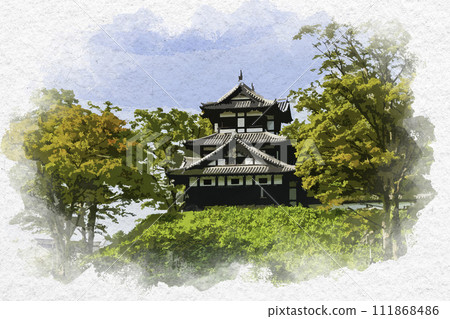 Watercolor style Joetsu Takada Takada Castle Triple turret Joetsu City, Niigata Prefecture Watercolor style Joetsu Takada Takada Castle Triple turret Joetsu City, Niigata Prefecture 111868486