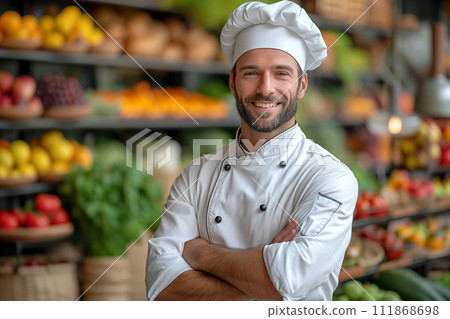 Chef smiling with crossed arms in front of fresh produce 111868698