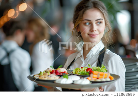 Waitress serving a tray of assorted dishes in a restaurant 111868699