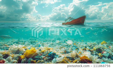 Ship sailing over an ocean filled with plastic waste 111868756