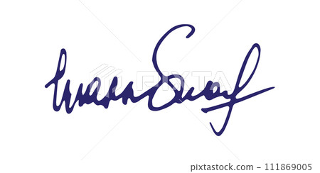 Fake signature hand drawn sample own autograph. Fictitious handwritten signature. Blue ink color. Scribble for sample contracts documents certificates or letters. Vector illustration. 111869005