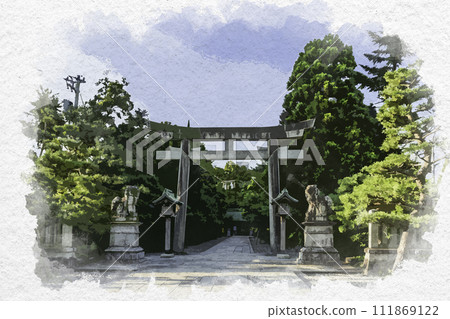 水彩風格 富山市 日枝神社鳥居 富山縣 富山市 111869122