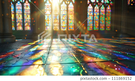 Stained glass room with sunlight shining in 111869152