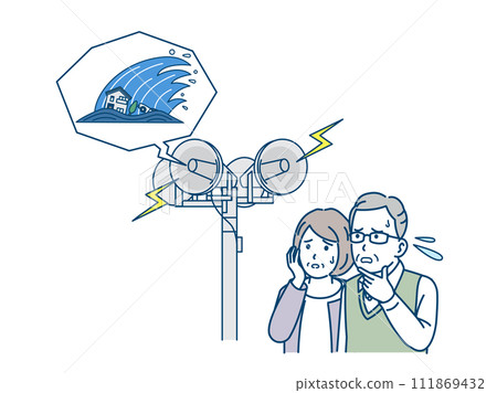 Illustration of an elderly couple surprised by the sound of a large tsunami warning siren Illustration of an elderly couple surprised by the sound of a large tsunami warning siren 111869432