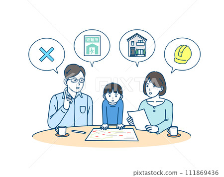 Illustration of a family discussing evacuation sites 111869436