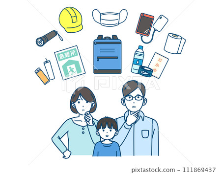Illustration of a family checking disaster prevention supplies Illustration of a family checking disaster prevention supplies 111869437