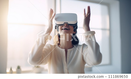 AI-generated content. Happy woman with VR glasses of virtual reality. Future technology concept. 111869650
