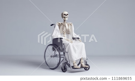 AI-generated content. Human skeleton in medical wheelchair for invalid patient on white empty background. Hospital health care support 111869655