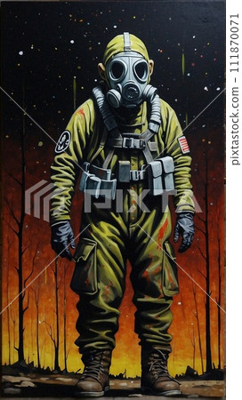 一名戴著防毒面具的武裝士兵的插圖 一名戴著防毒面具的武裝士兵的插圖 111870071