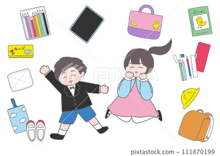Illustration of new students and goods preparing for entrance into school 111870199