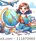 woman pointing at a globe 111870460