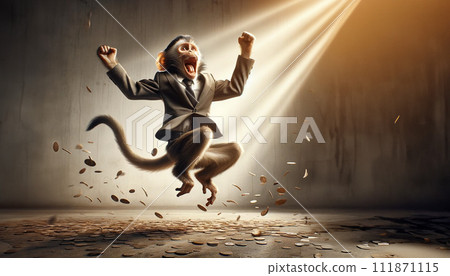 Monkey office worker jumping with joy after success in business 111871115