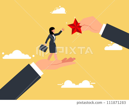 Support and Rewards. confidence businesswoman standing on big hand getting star reward. 111871283