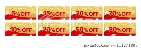Coupon vector icon design set of gold Japanese pattern and red Mt. Fuji that can be used for sale (by discount rate) 111871895