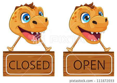 Happy Dinosaur with Open and Closed Signs Happy Dinosaur with Open and Closed Signs 111872033