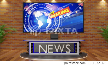 white table and lcd background in a news studio room.3d rendering.	 white table and lcd background in a news studio room.3d rendering.	 111872160
