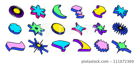 Bright neon color isometric shape set. Outlined abstract geometric object collection. Retro brutalist pack in Swiss or Memphis style. Vintage video game elements for poster, banner. Vector bundle Bright neon color isometric shape set. Outlined abstract geometric object collection. Retro brutalist pack in Swiss or Memphis style. Vintage video game elements for poster, banner. Vector bundle 111872369