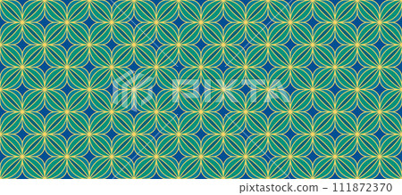 Retro art deco blue and green seamless pattern. Repeated gold circle or floral motif. Vintage decorative texture for wallpaper, textile, fabric, print swatch. Vector golden elegant ornament backdrop Retro art deco blue and green seamless pattern. Repeated gold circle or floral motif. Vintage decorative texture for wallpaper, textile, fabric, print swatch. Vector golden elegant ornament backdrop 111872370