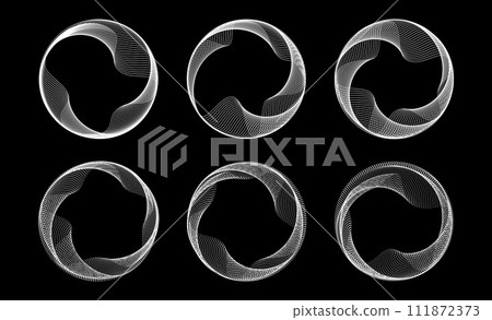 Blend dotted and linear circle frames set. Black and white round border collection. Curved wave dot and line circles on black background. Circular tech border pack. Vector design element bundle Blend dotted and linear circle frames set. Black and white round border collection. Curved wave dot and line circles on black background. Circular tech border pack. Vector design element bundle 111872373