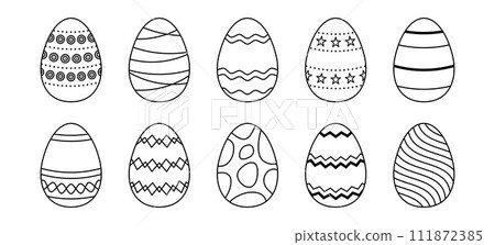 Easter eggs collection. Spring linear egg icon set with different patterns. Doodle style Easter illustration pack for card, invitation, print, sticker, banner, poster. Vector black and white bundle Easter eggs collection. Spring linear egg icon set with different patterns. Doodle style Easter illustration pack for card, invitation, print, sticker, banner, poster. Vector black and white bundle 111872385