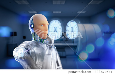 Medical technology concept with artificial skin robot analyze x-ray brain tomography Medical technology concept with artificial skin robot analyze x-ray brain tomography 111872674