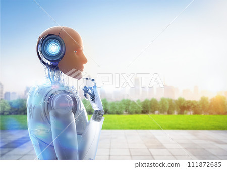 Artificial skin or human-like skin robot with cityscape background Artificial skin or human-like skin robot with cityscape background 111872685