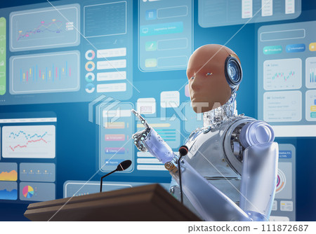 Robotic public speaker speaking on podium Robotic public speaker speaking on podium 111872687