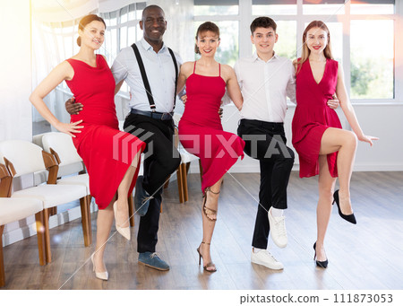Group of multiethnic people dancing folk dance Group of multiethnic people dancing folk dance 111873053