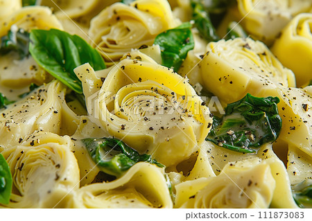 AI-generated content. Artichoke and spinach pasta dish in close up view AI-generated content. Artichoke and spinach pasta dish in close up view 111873083