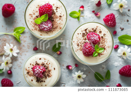 AI-generated content. Panna cotta with berries viewed from above AI-generated content. Panna cotta with berries viewed from above 111873085