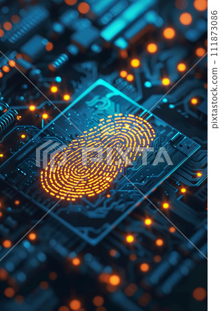 AI-generated content. Digital fingerprint highlighted on an electronic circuit board with glowing elements AI-generated content. Digital fingerprint highlighted on an electronic circuit board with glowing elements 111873086